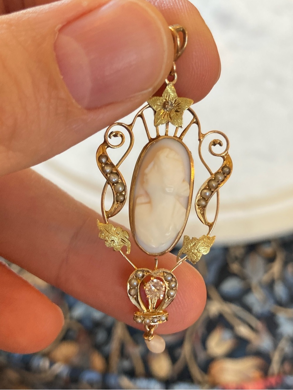 Antique Victorian 10K Diamond, Seed Pearl, Angel Skin Coral Carved Cameo Pendant - Picture 14 of 17